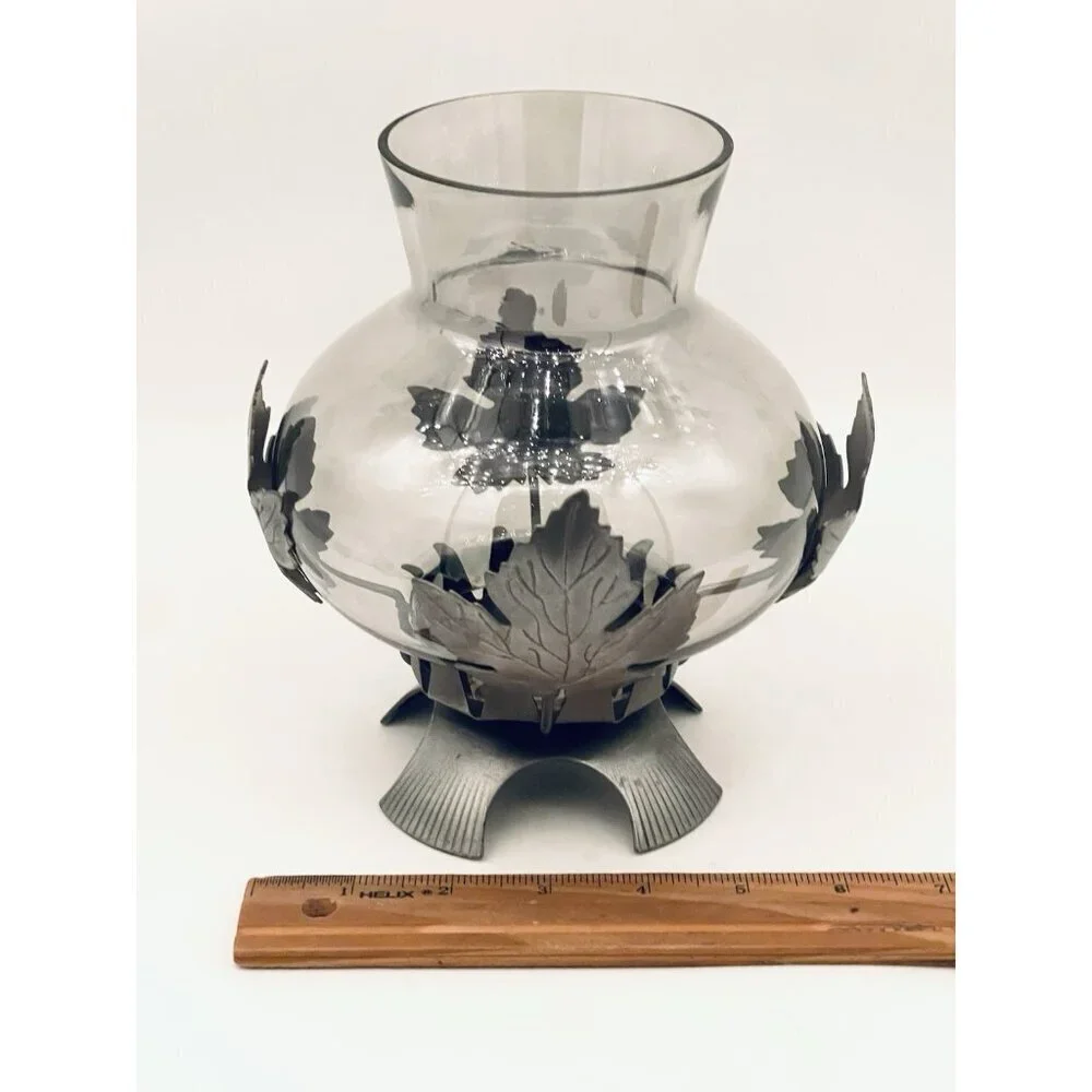 Pewter Maple Leaf Hurricane Pillar Candle Holder 7.25” Smoky Gray Lantern